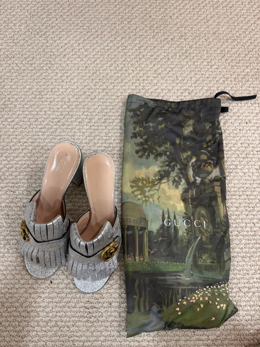 Gucci Marmont Kiltie Slides Metallic Silver leather size IT40/US 10 - Picture 6 of 7